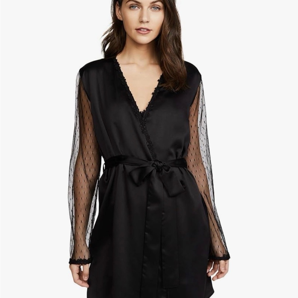 Flora Nikrooz Black Satin Robe with Sheer Dotted Mesh Sleeves Showstopper Robe